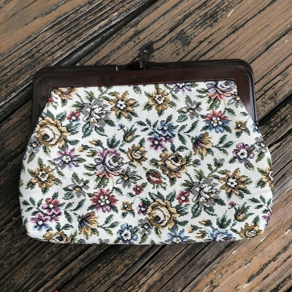 Floral Tapestry Purse Handbag Bag Clutch Cream Pink Green Blue Vintage 50s 60s - Picture 6 of 8